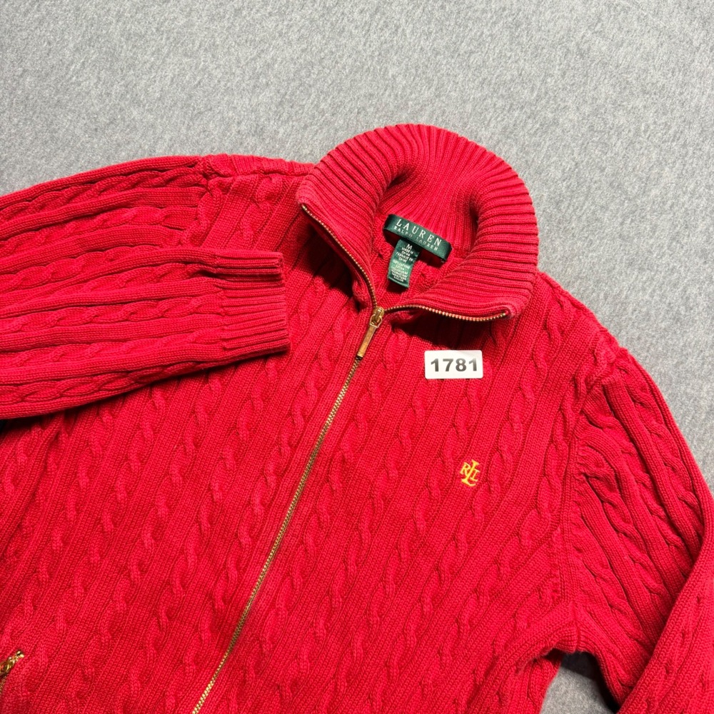 Lauren Ralph Lauren Red Cable Knit Full Zip Cardigan Sweater Mock Neck Womens M